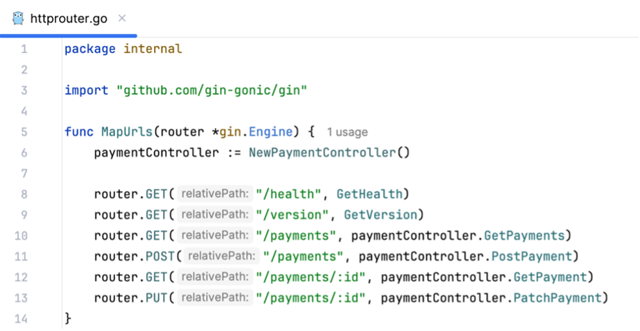 Setting up the HTTP routes of the service, mapping them to the respective controller methods